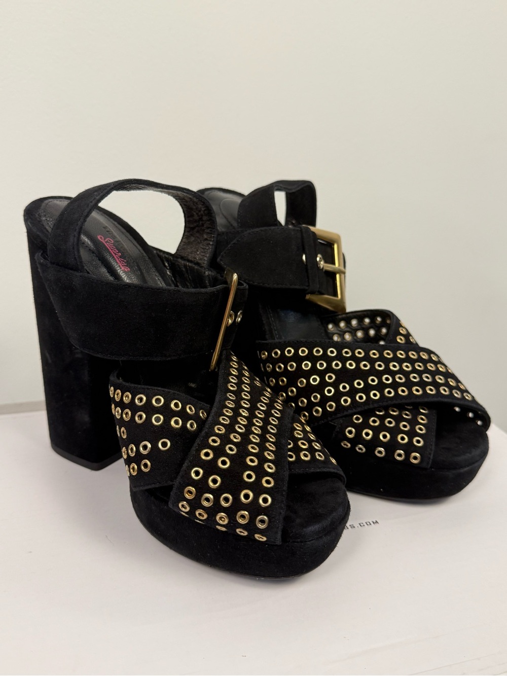 The Kooples Black Suede Platform Sandals with Gold Eyelet Detail